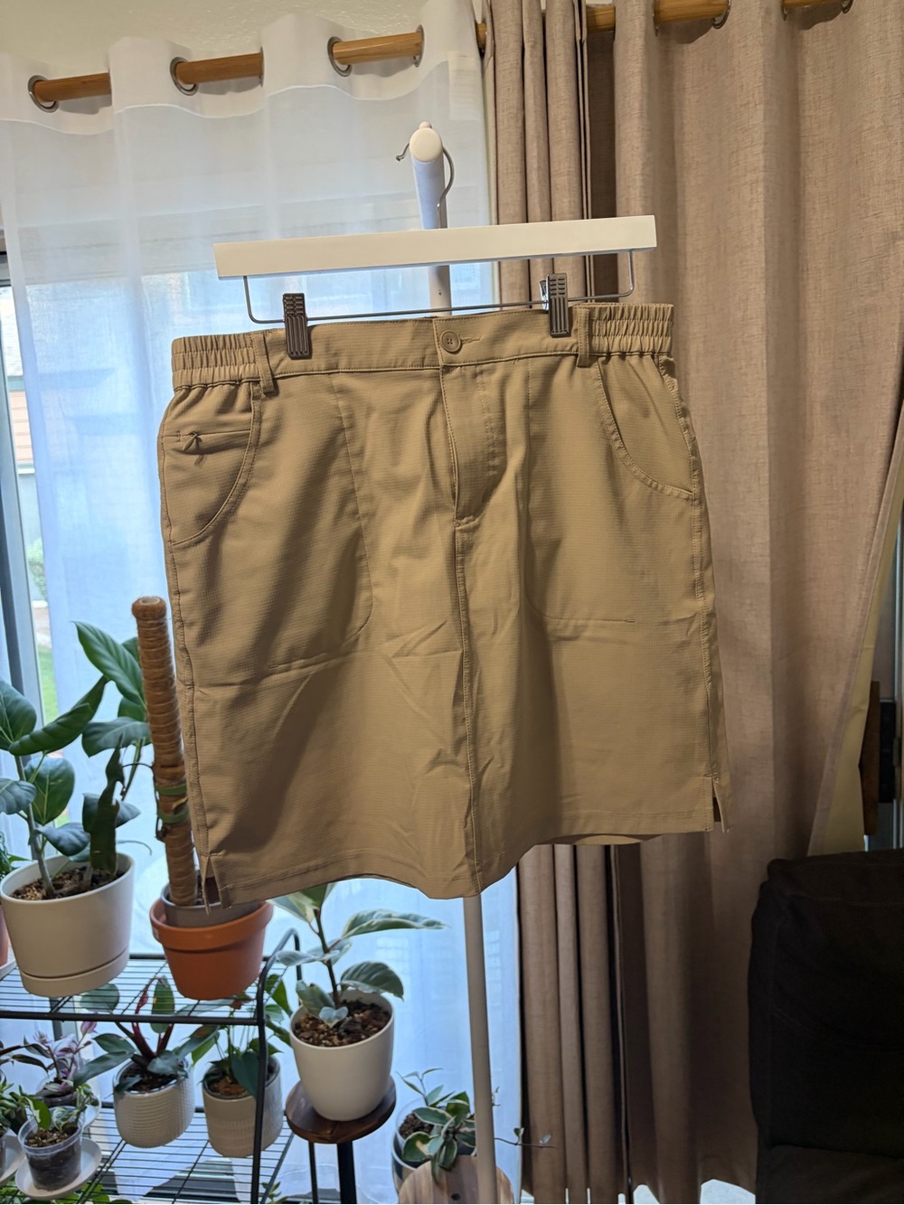 Beige Elastic-Waist Cotton Skirt